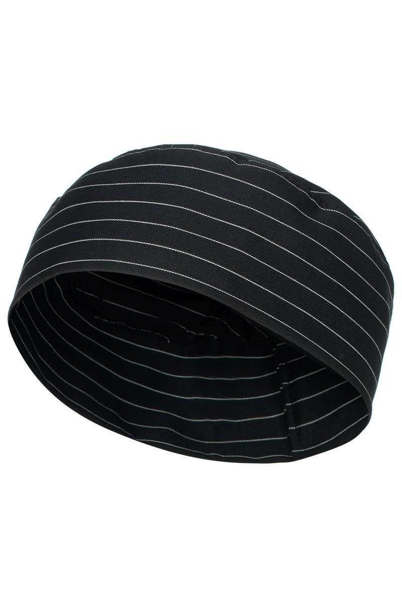 Gorro de Cocina Artel negro con raya fina blanca y atado con velcro. Muy cómodo de llevar y práctico de usar