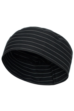 Gorro de Cocina Artel negro con raya fina blanca y atado con velcro. Muy cómodo de llevar y práctico de usar