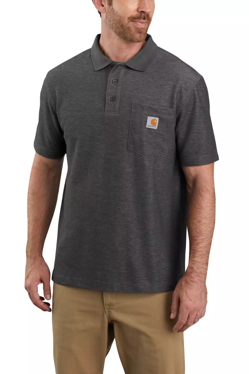 Polo Carhartt de hombre gris antracita jaspeado con bolsillo