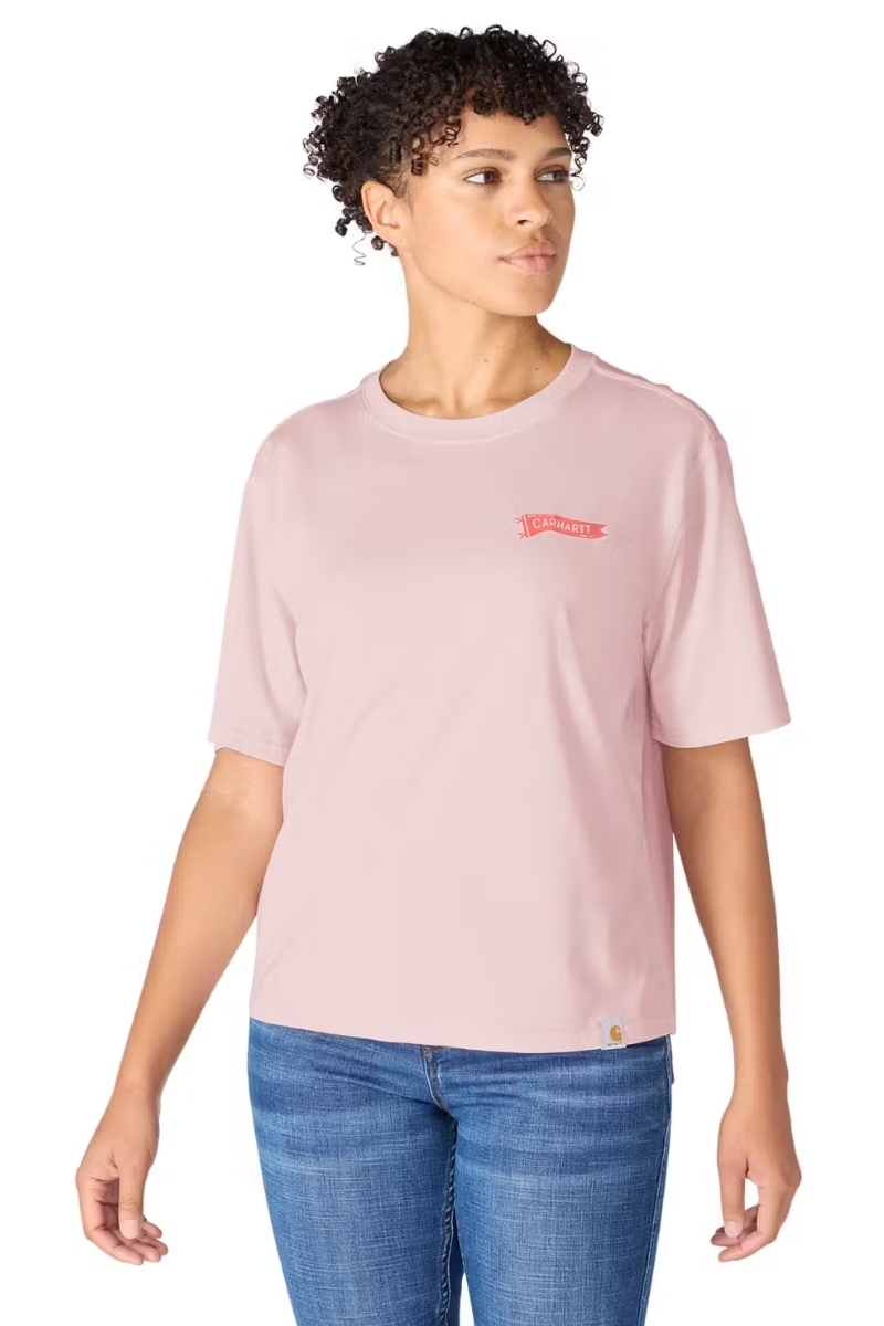 Camiseta Carhartt de mujer rosa pastel con banderín