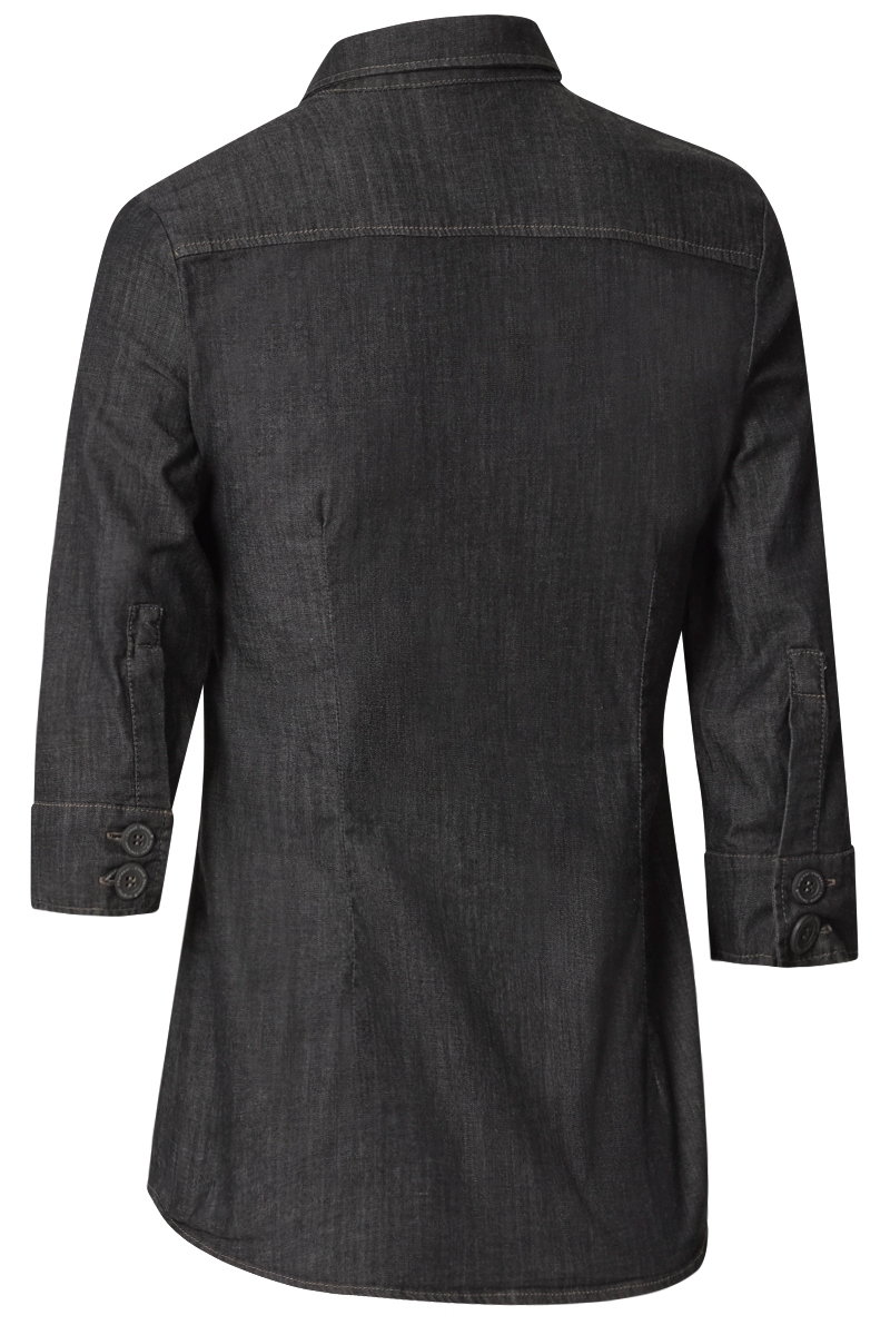 Camisa laboral de mujer Denim en color negro con pinzas en la espalda y manga tres cuartos 1