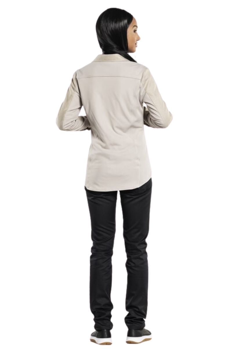 Blusa mujer color arena manga larga con espalda de jersey