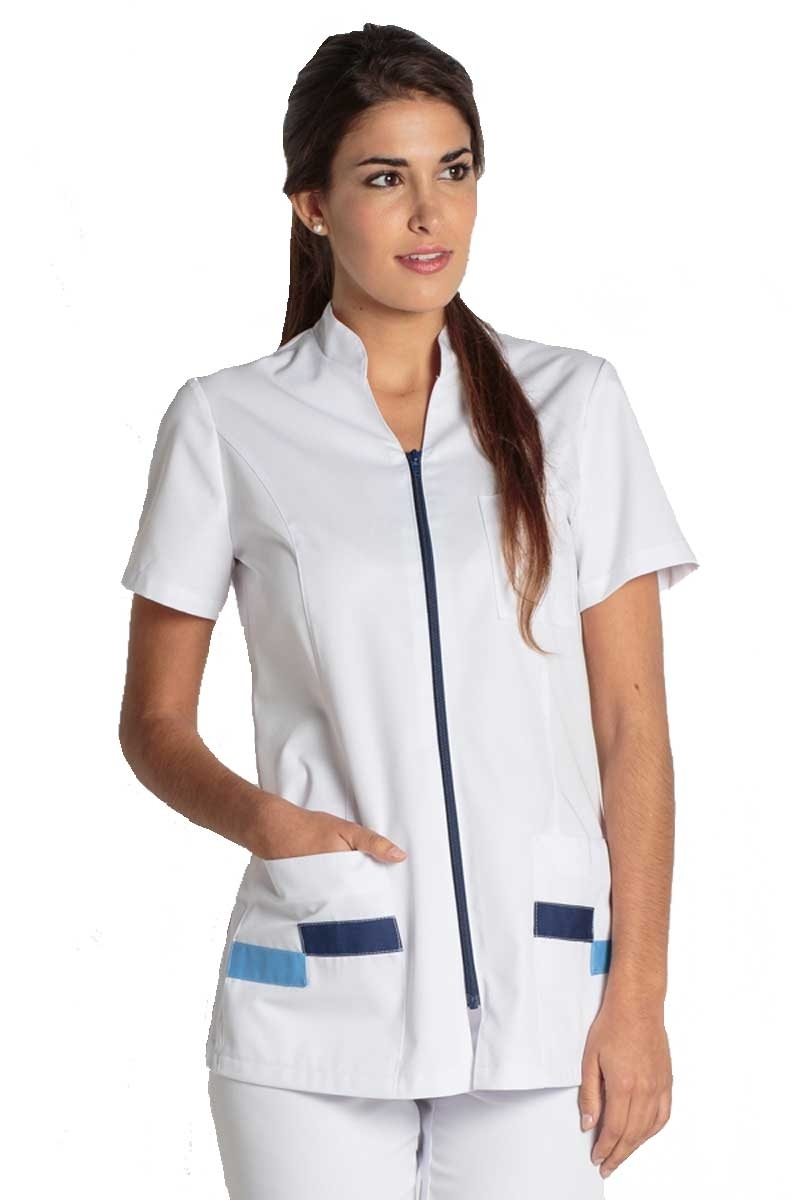Elegant casaca sanitària amb coll mao i adorn blau a les butxaques 3