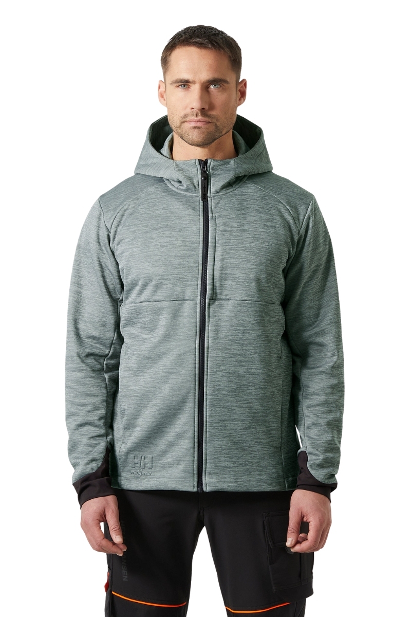 Cardigan técnico gris jaspeado con capucha y cremallera