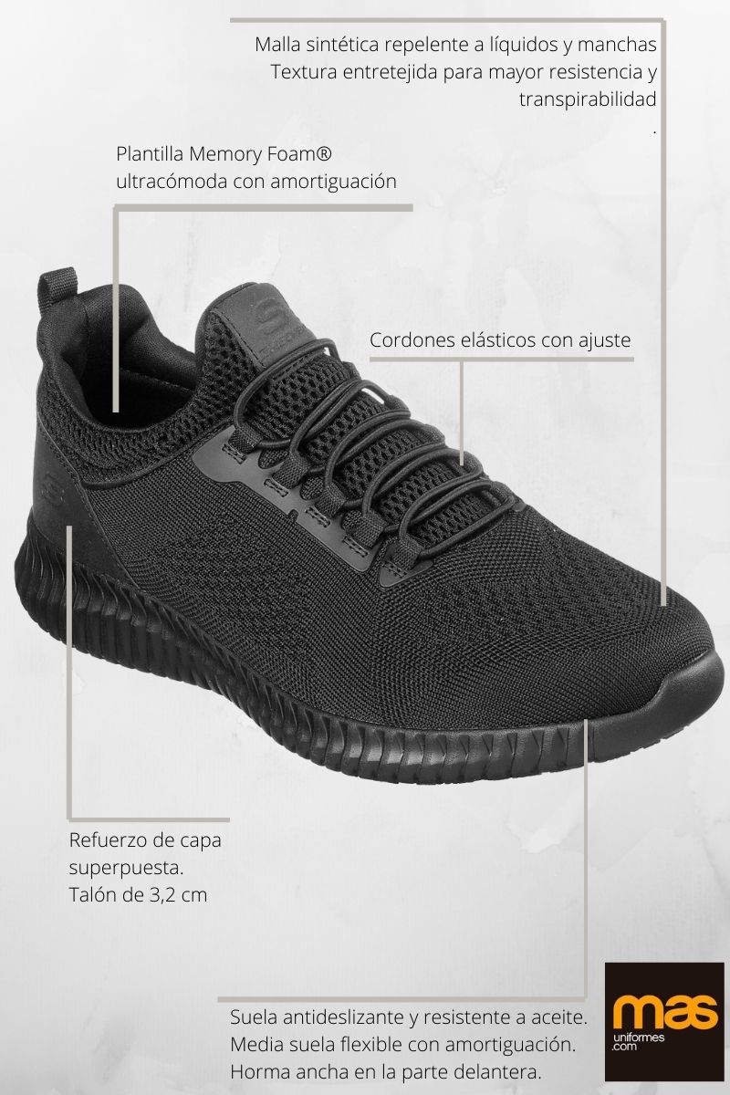 Zapato laboral Skechers negro con cordones elásticos