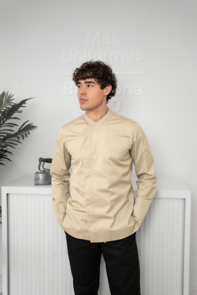 Chaqueta arena de chef con espalda de punto Tencel Mas7201 2
