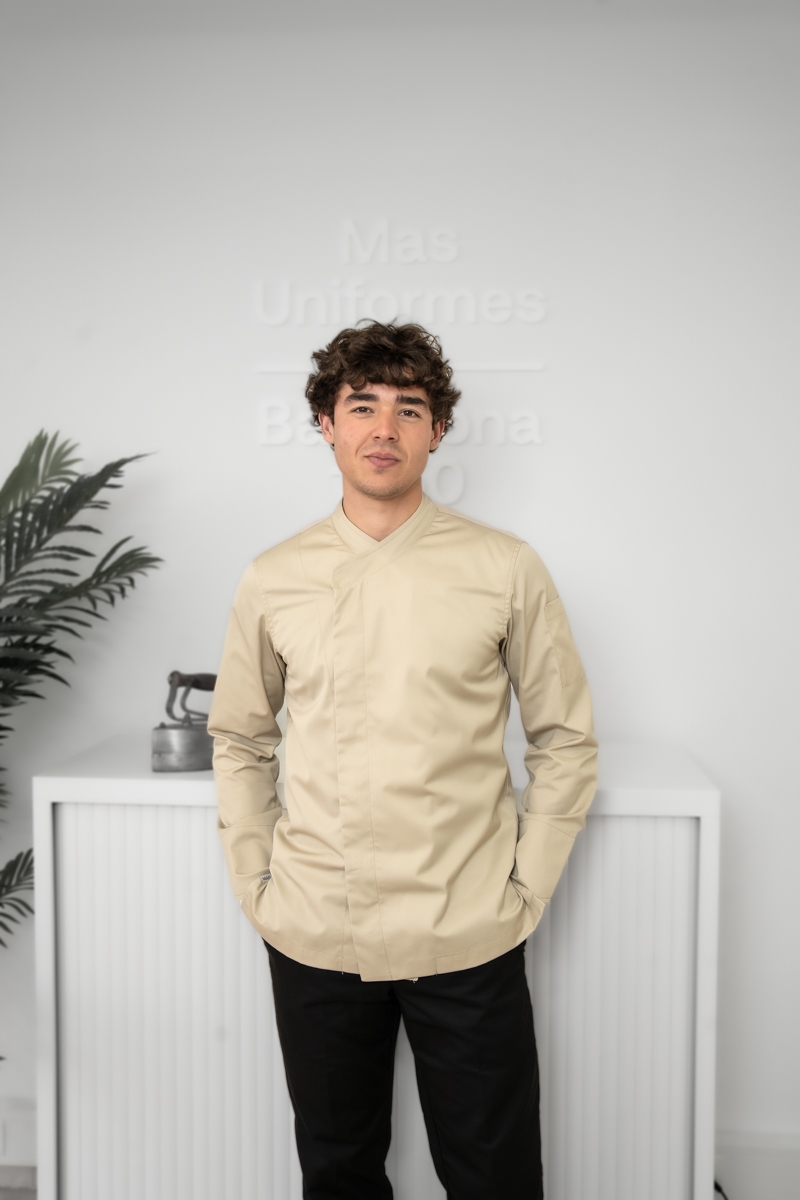 Chaqueta arena de chef con espalda de punto Tencel Mas7201 3