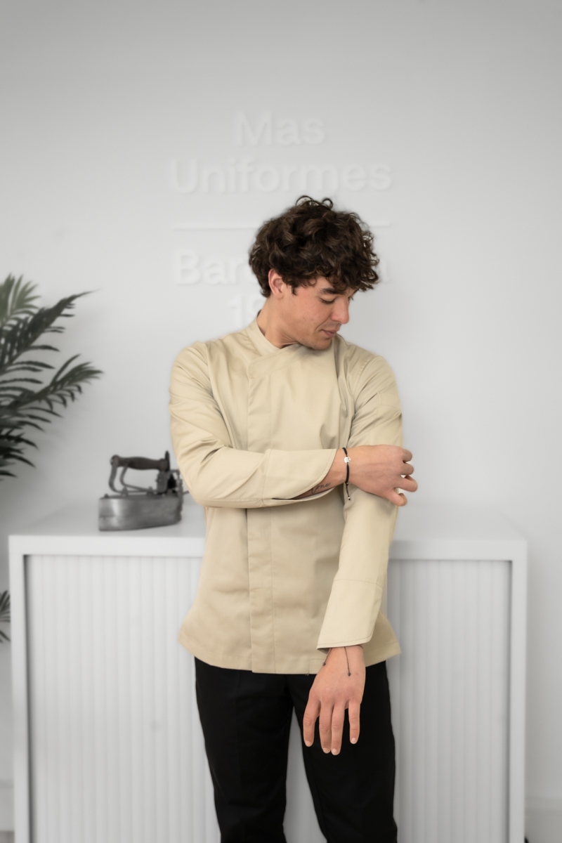 Chaqueta arena de chef con espalda de punto Tencel Mas7201 4