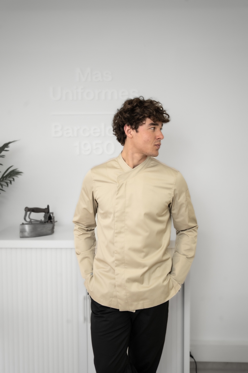 Chaqueta arena de chef con espalda de punto Tencel Mas7201 5