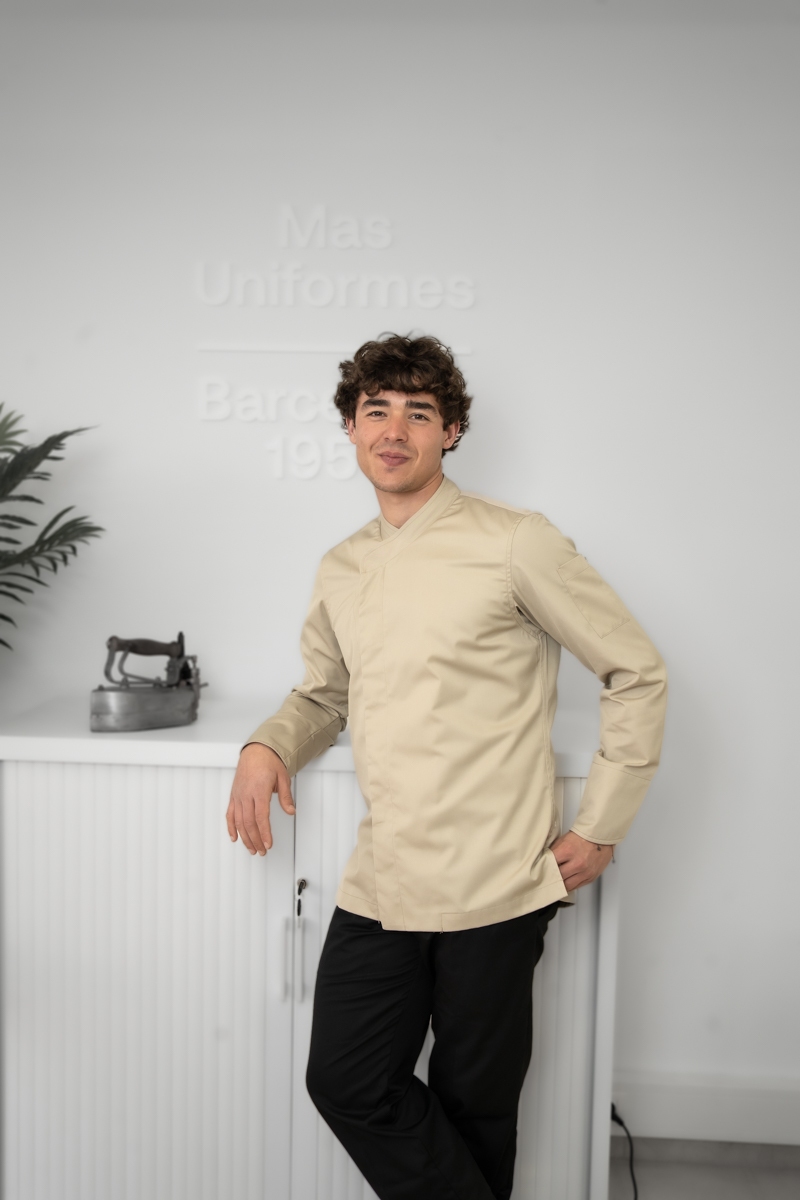Chaqueta arena de chef con espalda de punto Tencel Mas7201 6