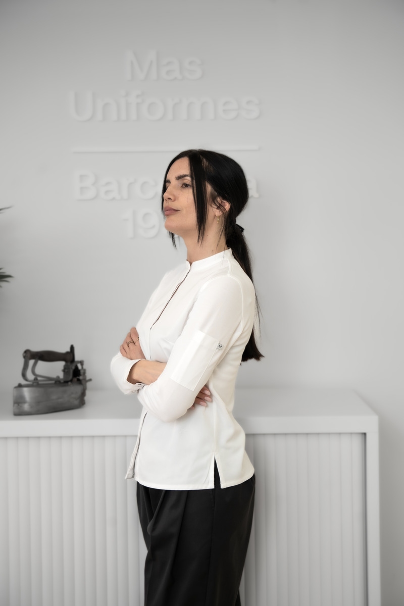 Chaqueta mujer chef blanca espalda y mangas de punto Tencel 7261 2