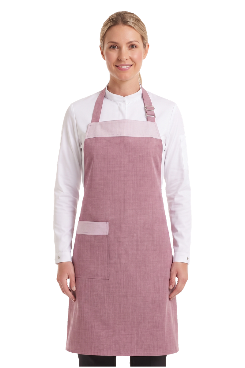 Delantal con peto color rosa contrastado tejido 100% reciclado 1