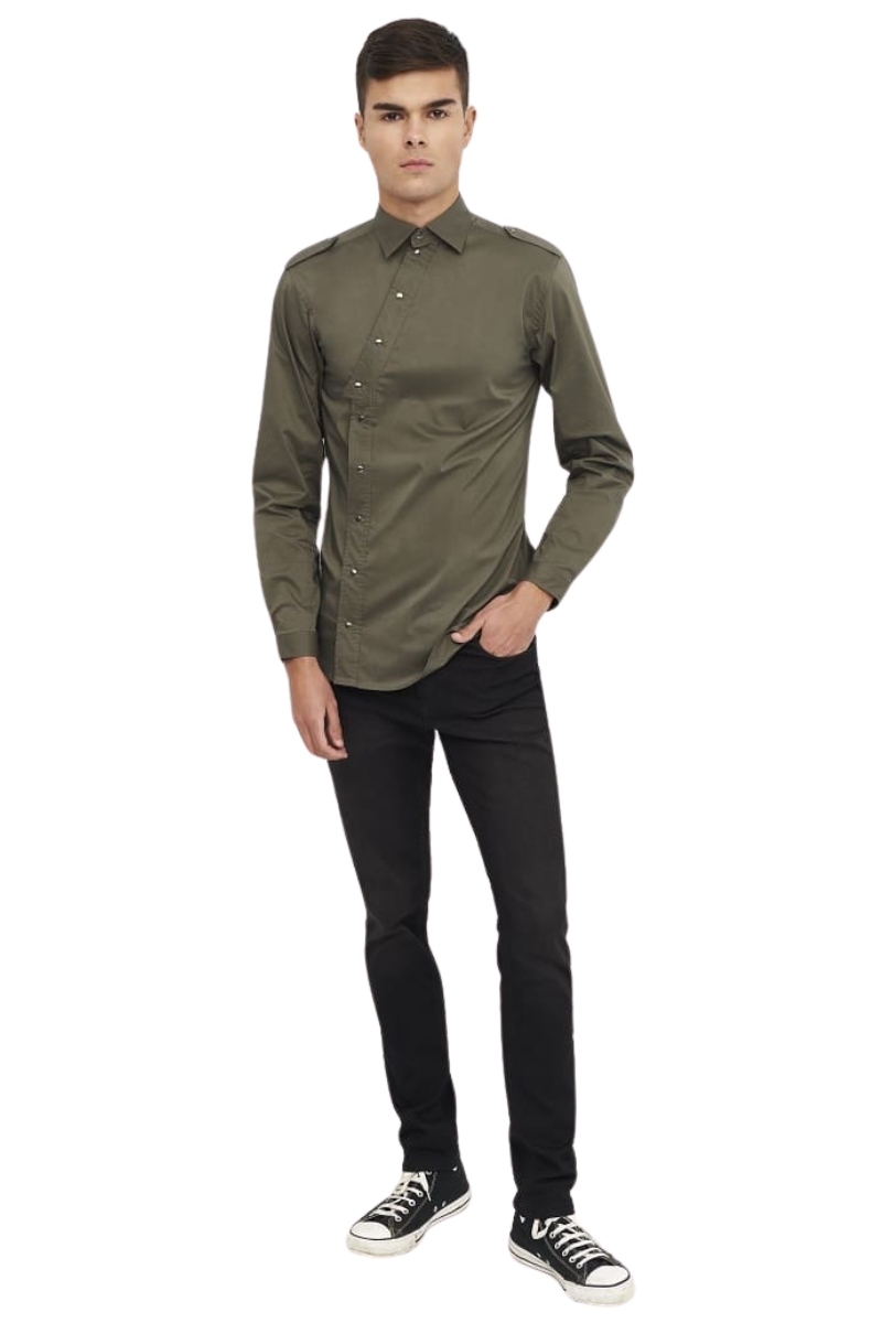Camisa d'home verd kaki tancament lateral