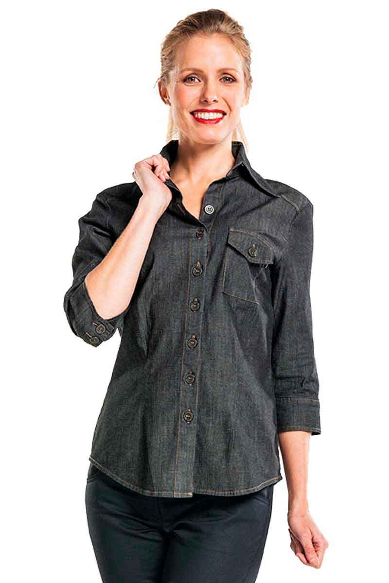Camisa laboral de mujer Denim en color negro con pinzas en la espalda y manga tres cuartos 3