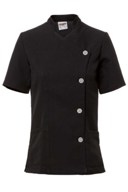 blusón para estética o mantenimiento cruzado con originales botones en color blanco y negro