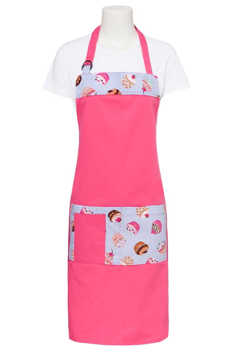 Delantal rosa con estampado cupcakes y bolsillo